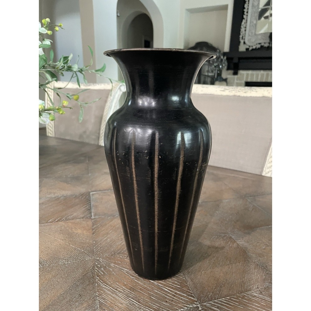 Vtg  Rustic Ribbed Dark Academia Metal Vase Fluted Distressed Classic Urn  12"